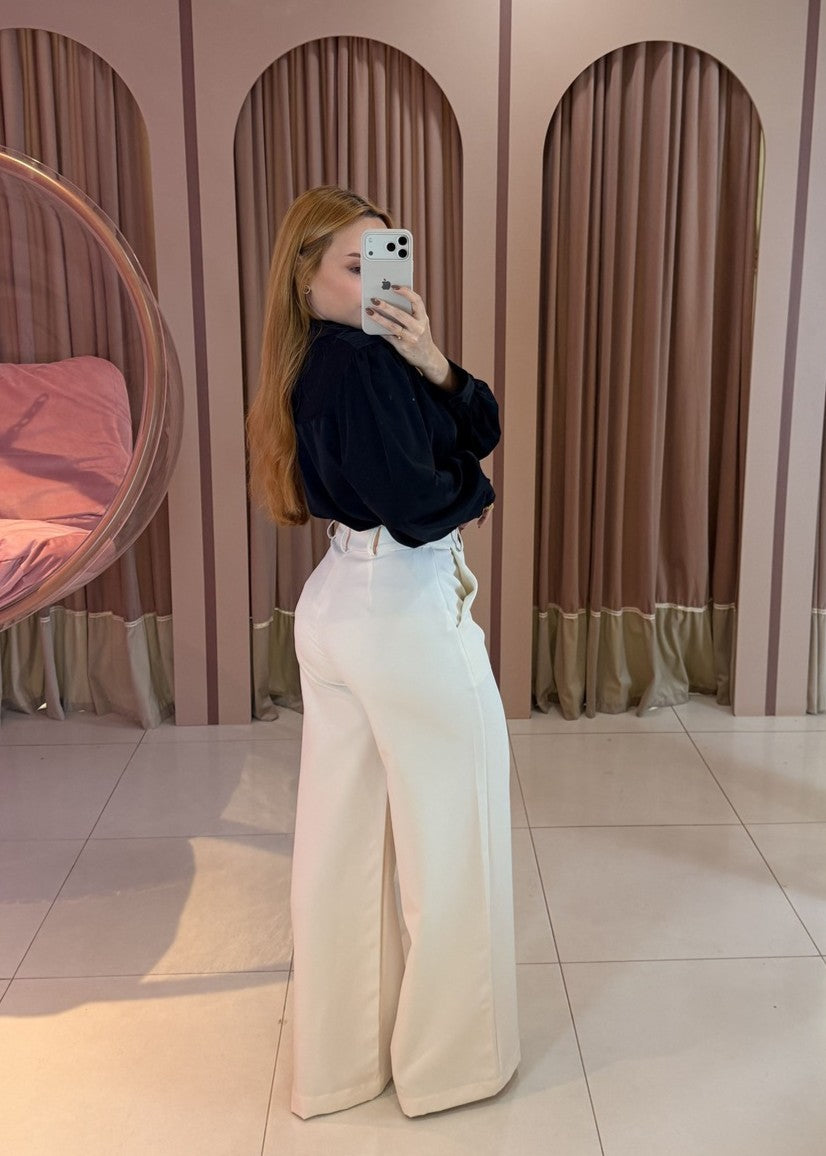 calca pantalona alfaiataria feminina cintura alta off white Clara Store
