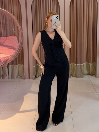 conjunto alfaiataria feminino colete e calça pantalona preto Clara Store